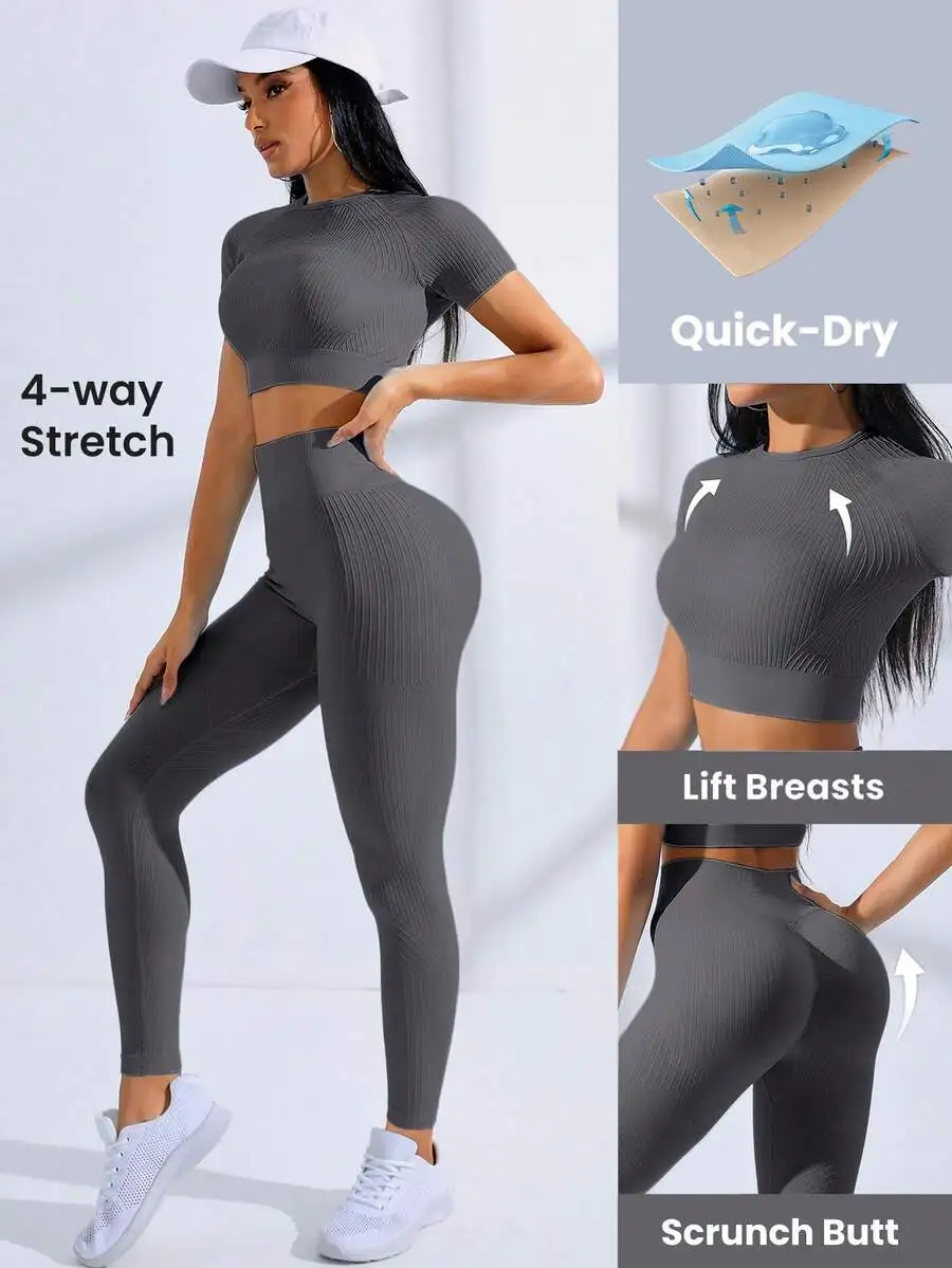 

Ribbed Seamless Women Workout Set Short Sleeve Cropped Top And Leggings Quick Dry 4-Way Stretch