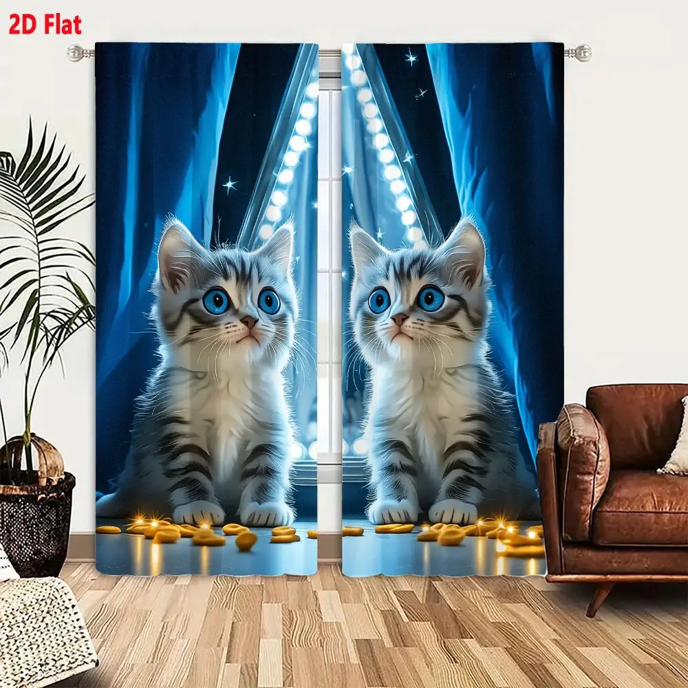 2Pcs Curtains 2D Flat Two Adorable Fluffy Kittens With Striking Blue Eyes On Reflective Surface Amidst Magical Golden Objects An