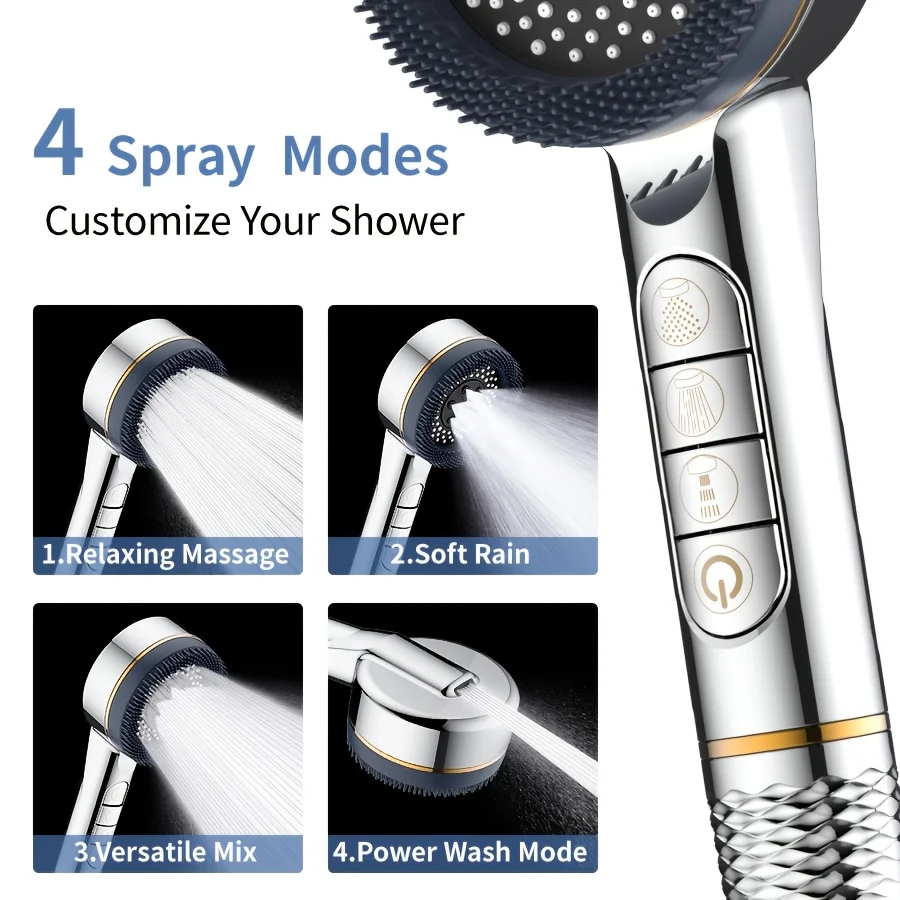 Professional-Grade High-Pressure Showerhead, Three Spray Modes, Comes with 1.5m Flexible Hoses, Available in Silver, Black, and Gray, Easy Installation Without Tools, Enjoy a Spa Experience. Essential for Camping and T