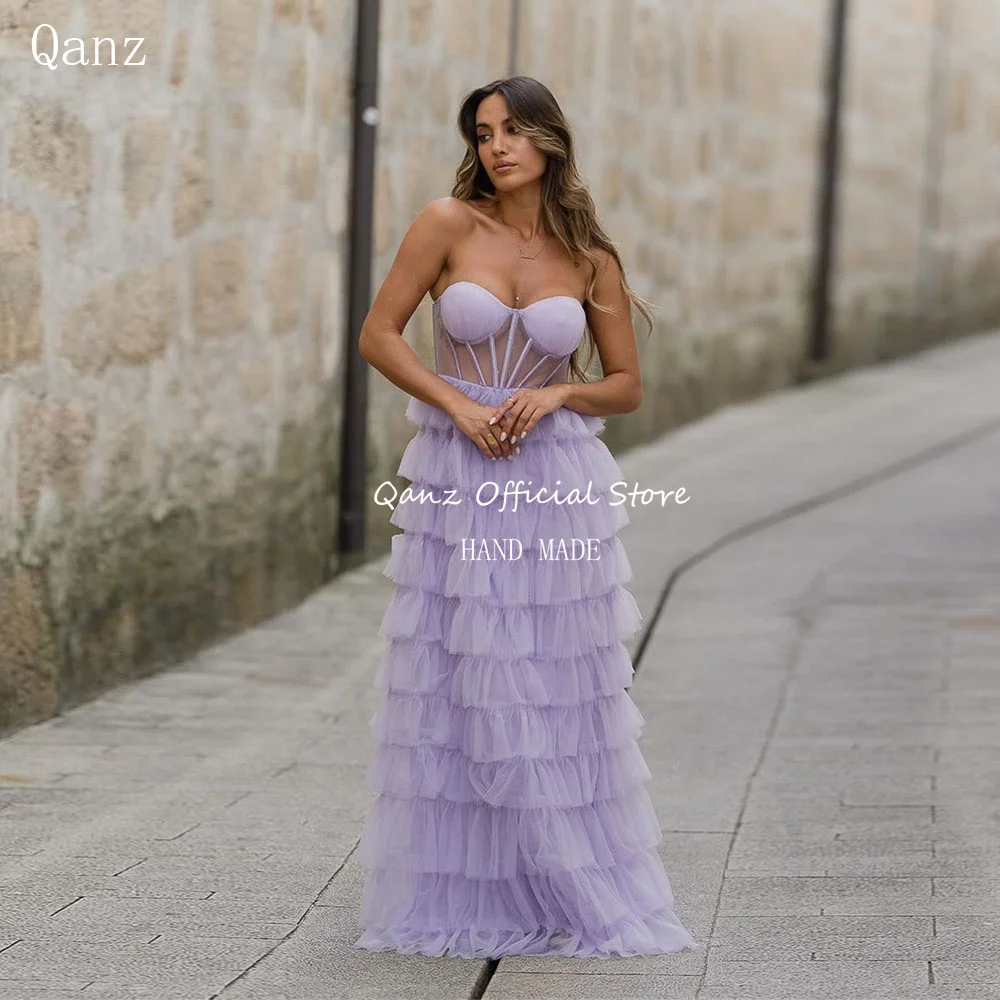 

Qanz Sweetheart Tulle Evening Dresses Open Back Robes De Soirée Long A Line Tiered Ruched Robe De Soirée Luxe élégante 2024