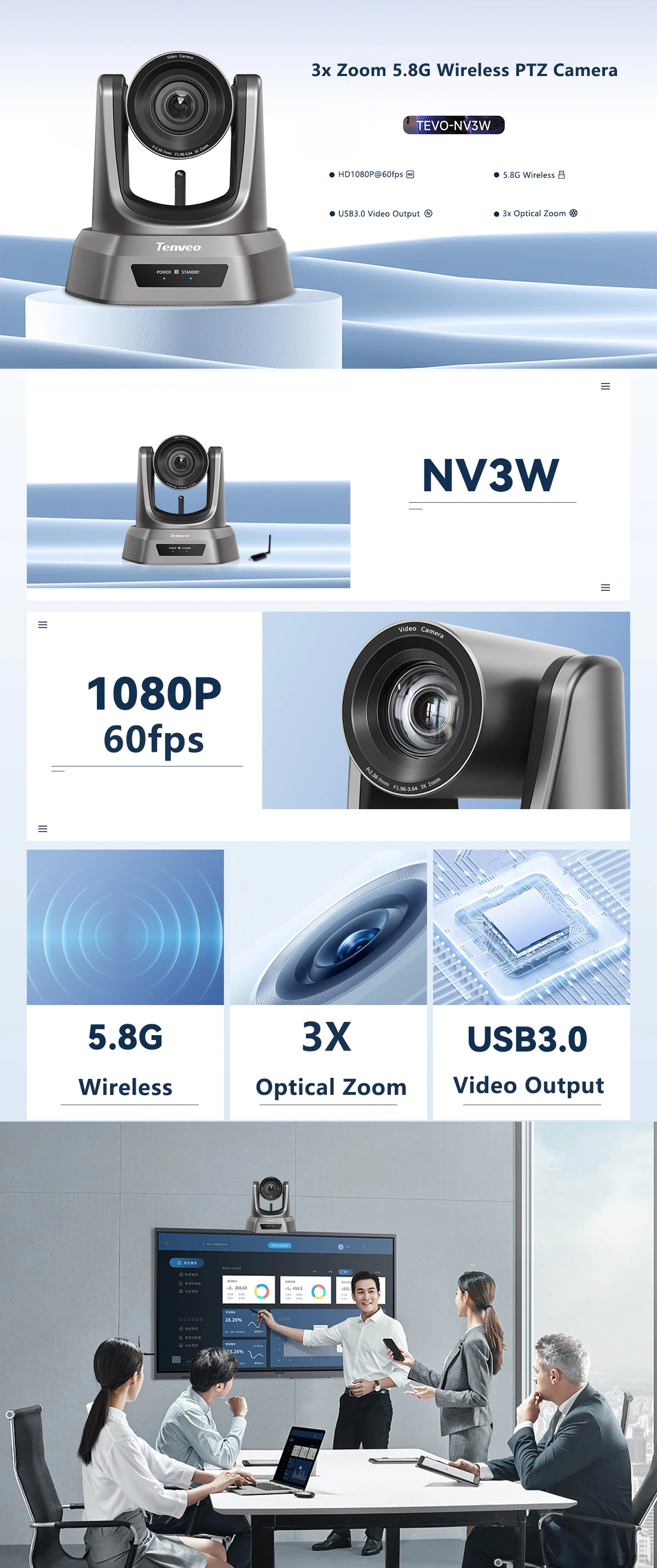 Tenveo NV3W 3x زووم بصري USB3.0/كاميرا مؤتمرات لاسلكية Ptz للكنيسة/البث المباشر #5