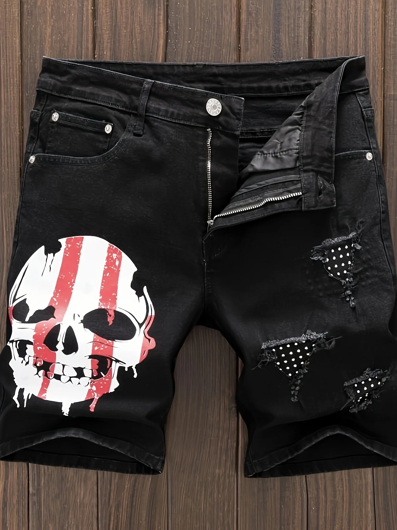 Bold Red & White Skull Print Ripped Denim Jorts - Vintage Style Bermuda Shorts for Men - Fashionable Distressed Denim with Edgy