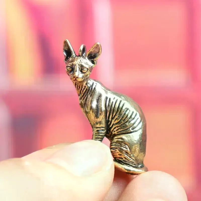 Solid Brass Hairless Cat Small Statue Desktop Ornaments Vintage Animal Figurines Model Lucky Home Decorations Crafts Accessories