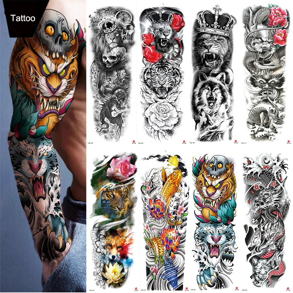 Waterproof  Full Arm Temporary Tattoo Fashion Lion Gold Fish Dragon Zeus Men Women Art Fake Sticker Glitter Style