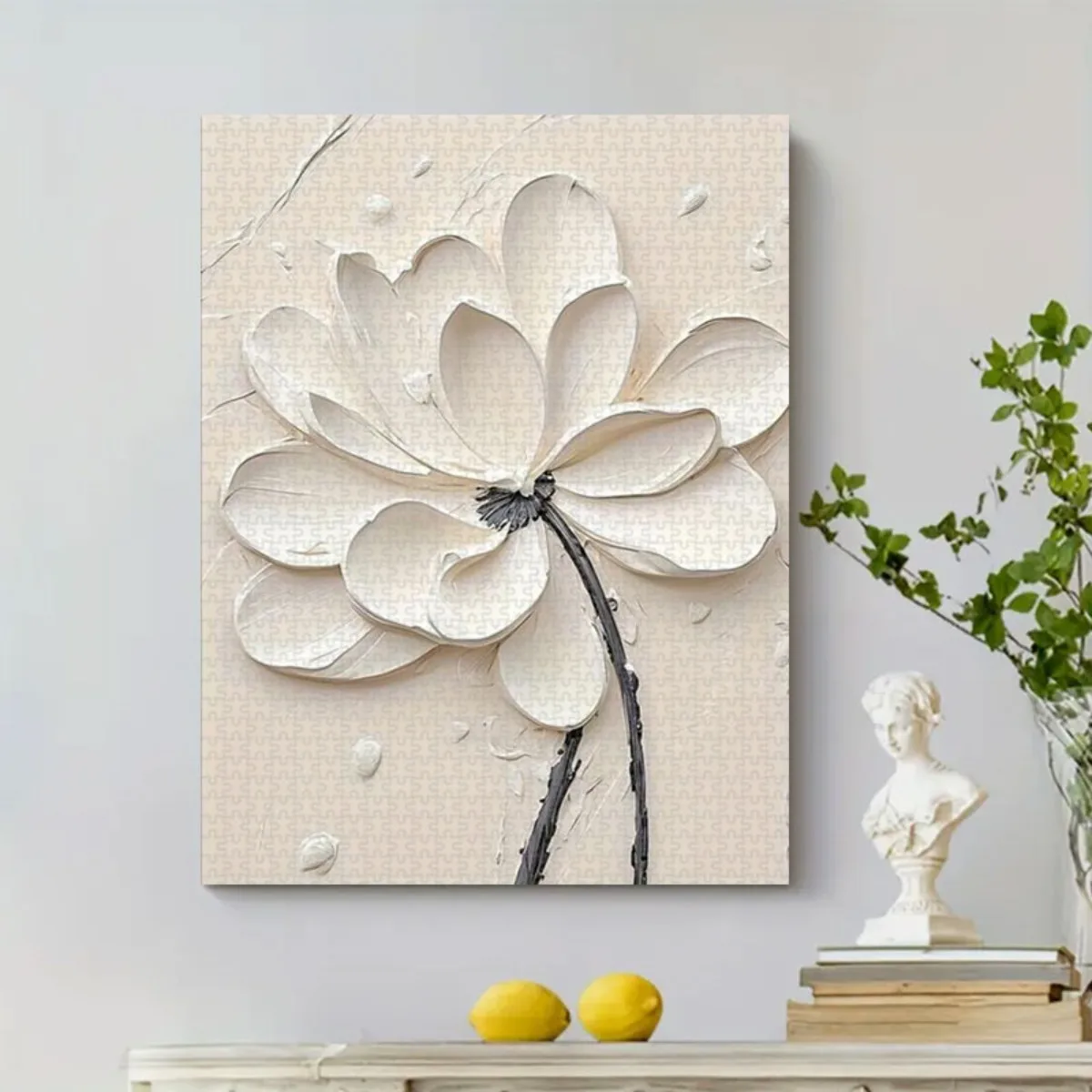 1000 قطعة من أحجية الكبار - ضربة فرشاة ثلاثية الأبعاد بيضاء لطلاء زيت اللوتس مع خلفية بيج، بتلات ذات طبقات، شفاء وقتي أنيق