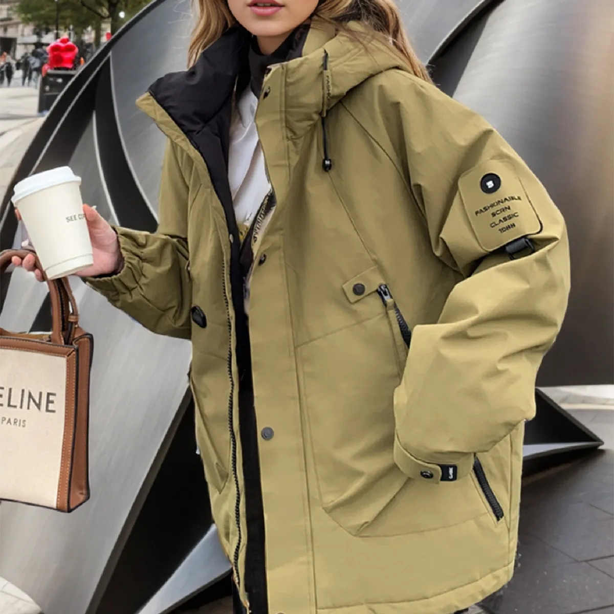 أنيق 2025 الشتاء المرأة سترة خارجية الإناث رشاقته الدافئة مقنعين سترة قطن المرأة سستة جيب سترات معاطف القمم #2