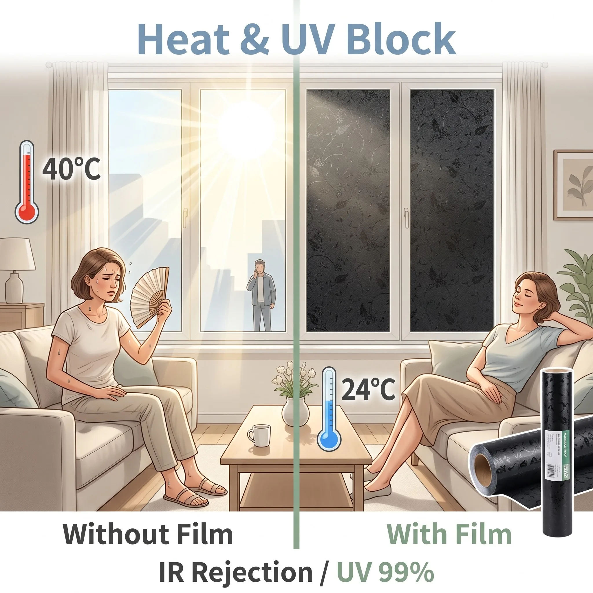 Privacy Opaque Window Film Decorative Sun Blocking Window Cover Translucent Vinyl Window Sticker for Home for Glass Door