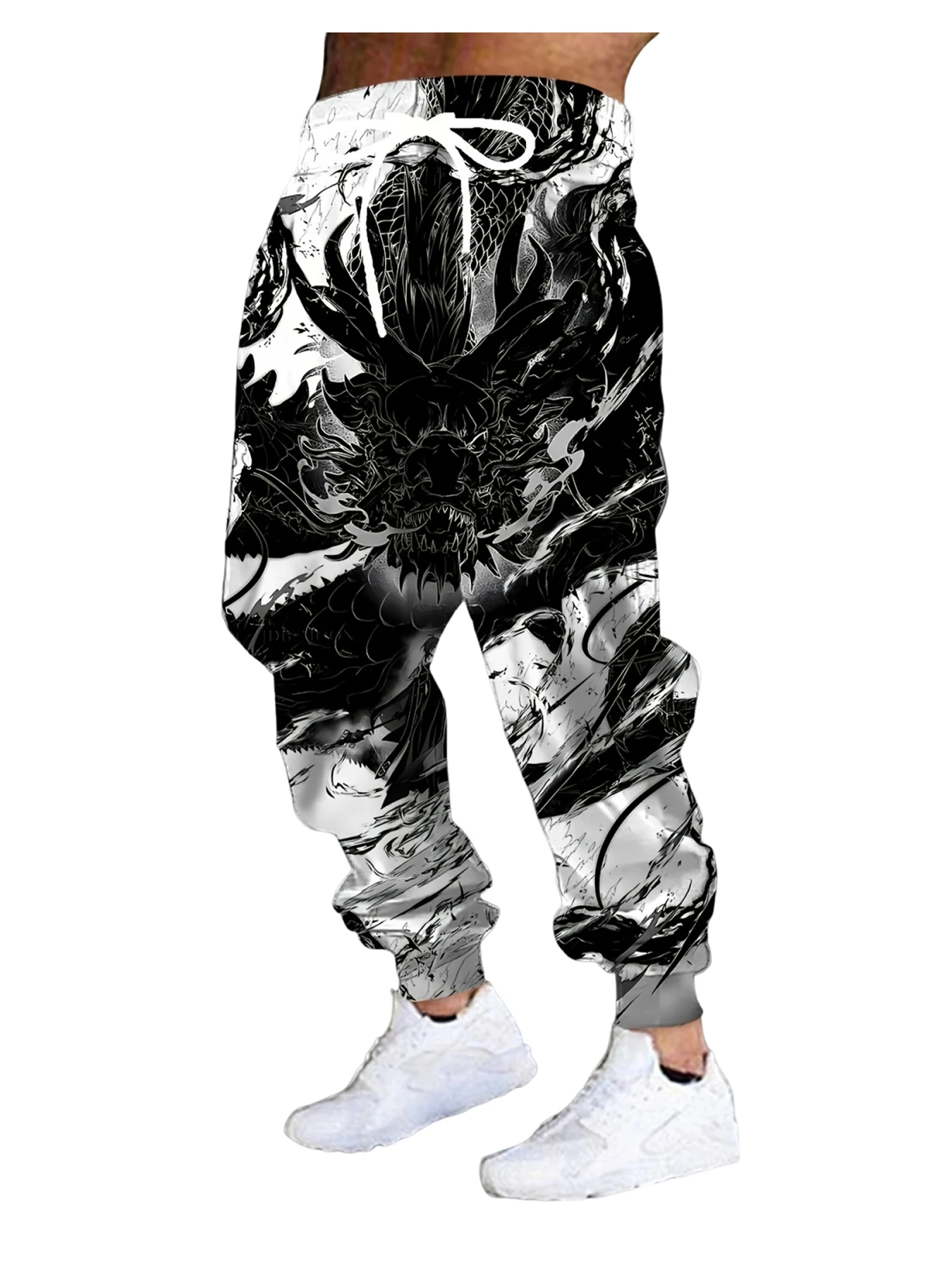 

New Men's 3D Dragon Print Casual Pants Outdoor Breathable Athletic Pants Stylish Drawstring Streetwear Trousers Mens Cuffed Pant