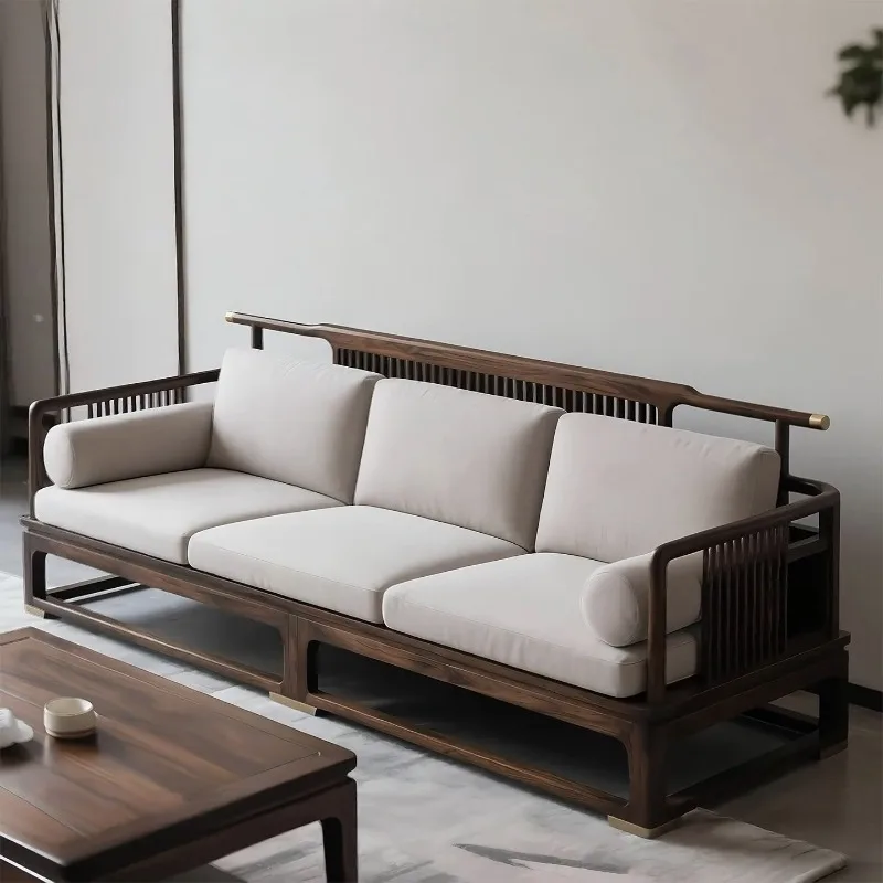 New Chinese black walnut leather sofa combination modern simple large apartment villa living room