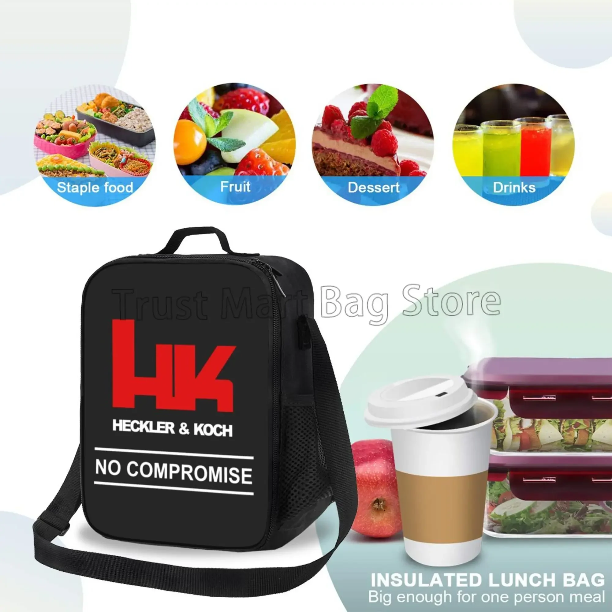 HK Lunch Bag Heckler Koch Firearms No Compromise Insulated Lunch Box Reusable Thermal Cooler Bento Tote Bag with Shoulder Strap