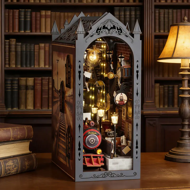 

DIY Train Book Nook Kit Wooden Miniature Dollhouse Bookshelf Insert with LED Light Handmade 3D Model Creative Home Decor Gifts