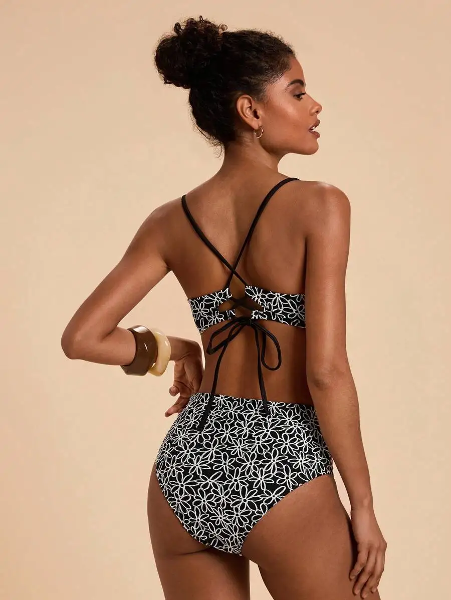 

Womens Floral Print Cross Back Bikini Set High Waist Swimsuit Beach Wear