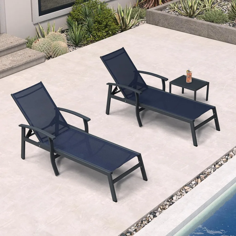 

Chaise Lounge Chair Outdoor 2 Pieces Pool Lounge Chairs 5 Adjustable Position with Armrests and Side Table Aluminum Patio Loung