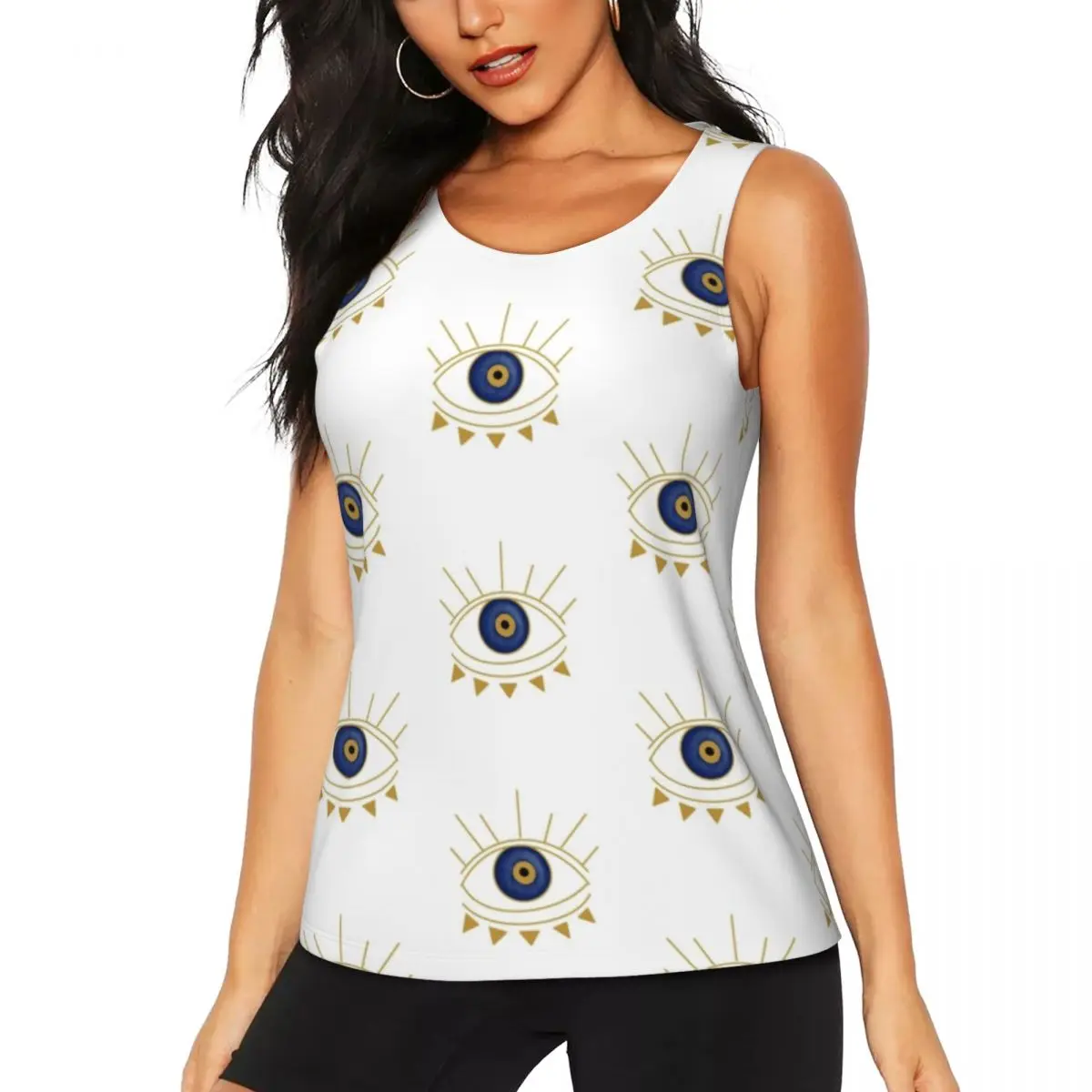 Custom Gold Blue Evil Eye Hamsa Yoga Shirt Women Lucky Charm Amulet Athletic Workout Running Tank Tops