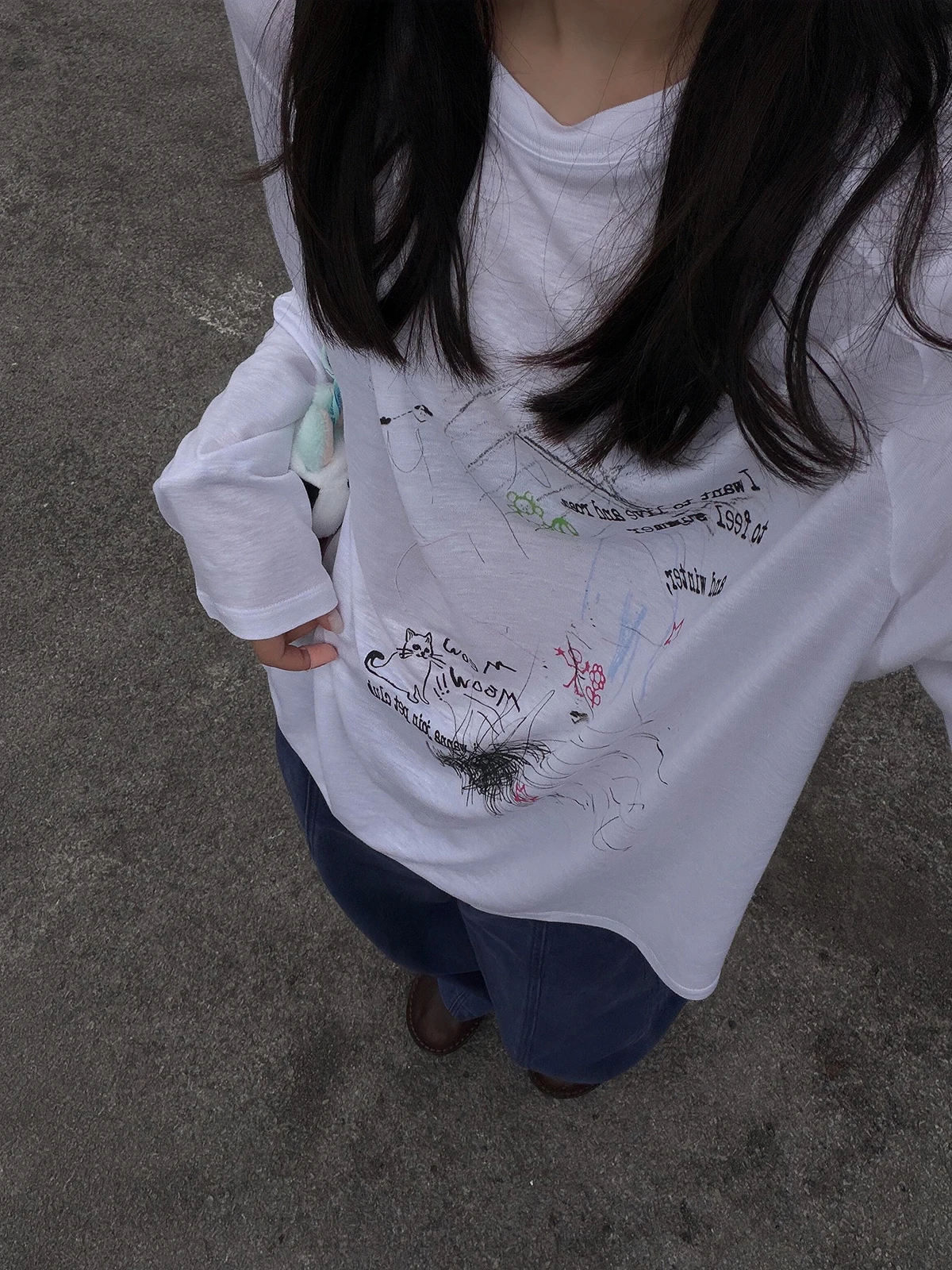 Sakura  Print Hand-Drawn Graffiti Style Long Sleeve T-Shirt Women's Comfortable Loose Fit Sunscreen Top Casual Wear