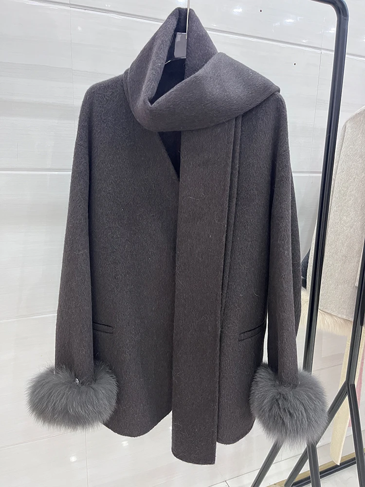 2024 Winter Women's Real Natural Fox Fur Collar Coat Wool Scarf Cashmere Warm Jacket Luxury Thick Female Coat