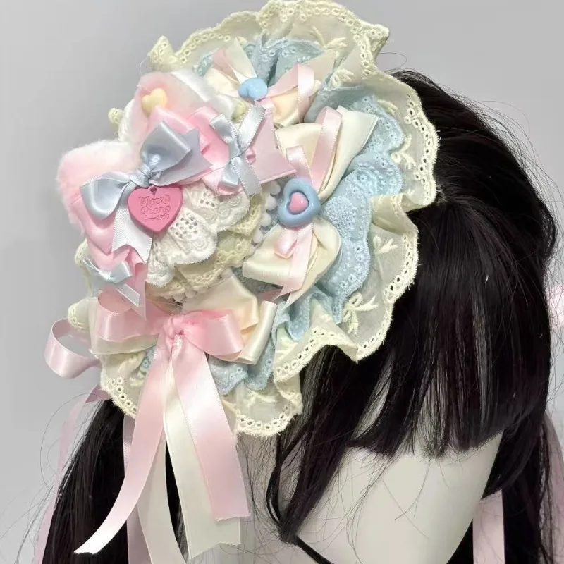 

Lolita Top Hat Cute Headwear Cosplay Handmade Pink Blue Rabbit Ear Hats Role Play Props Accessories for Women