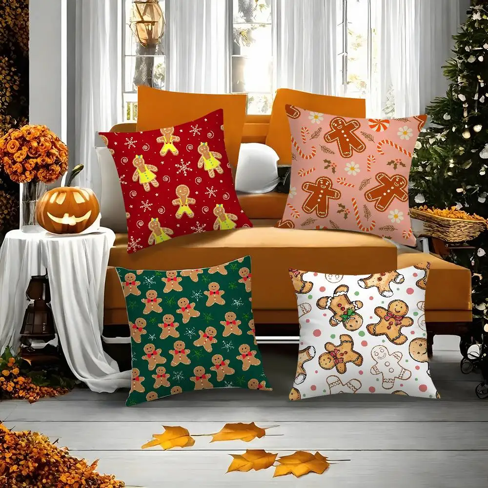 Cute Gingerbread Man Christmas Pillow Case Short plush Double-sided Print Square Throw Pillow Covers Sofa Home Cushion Decor