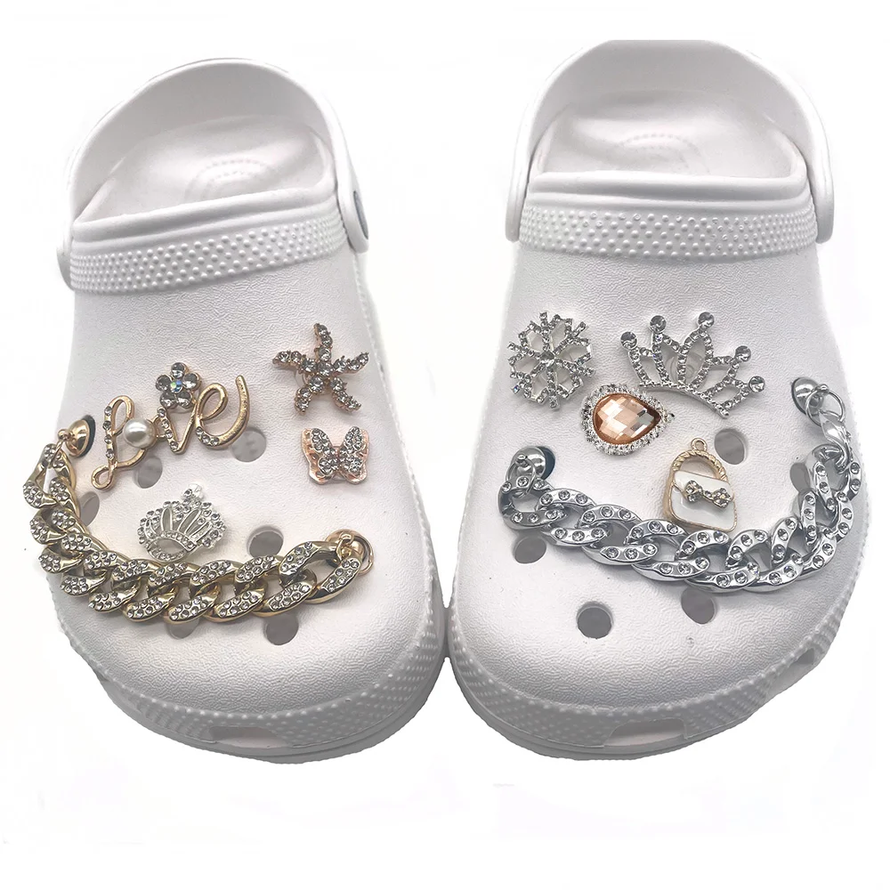 Metal Rhinestone Pearl Chain Butterfuly Crown Shoe Charms for Clogs Sandals Decoration Shoe Buckle for Girls Gift