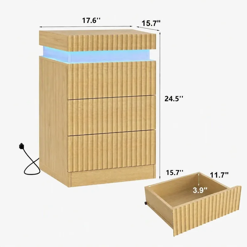 LED Nightstand with Charging Station and 3 Fluted Drawers for Bedroom