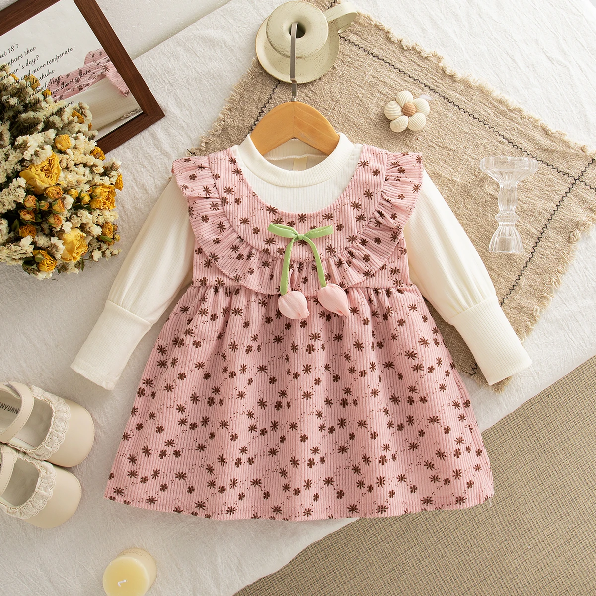 

Autumn Girl Casual Outing Clothing Flower Print Element Bow Knit Long Sleeved Dress Baby Girl Pink Dress