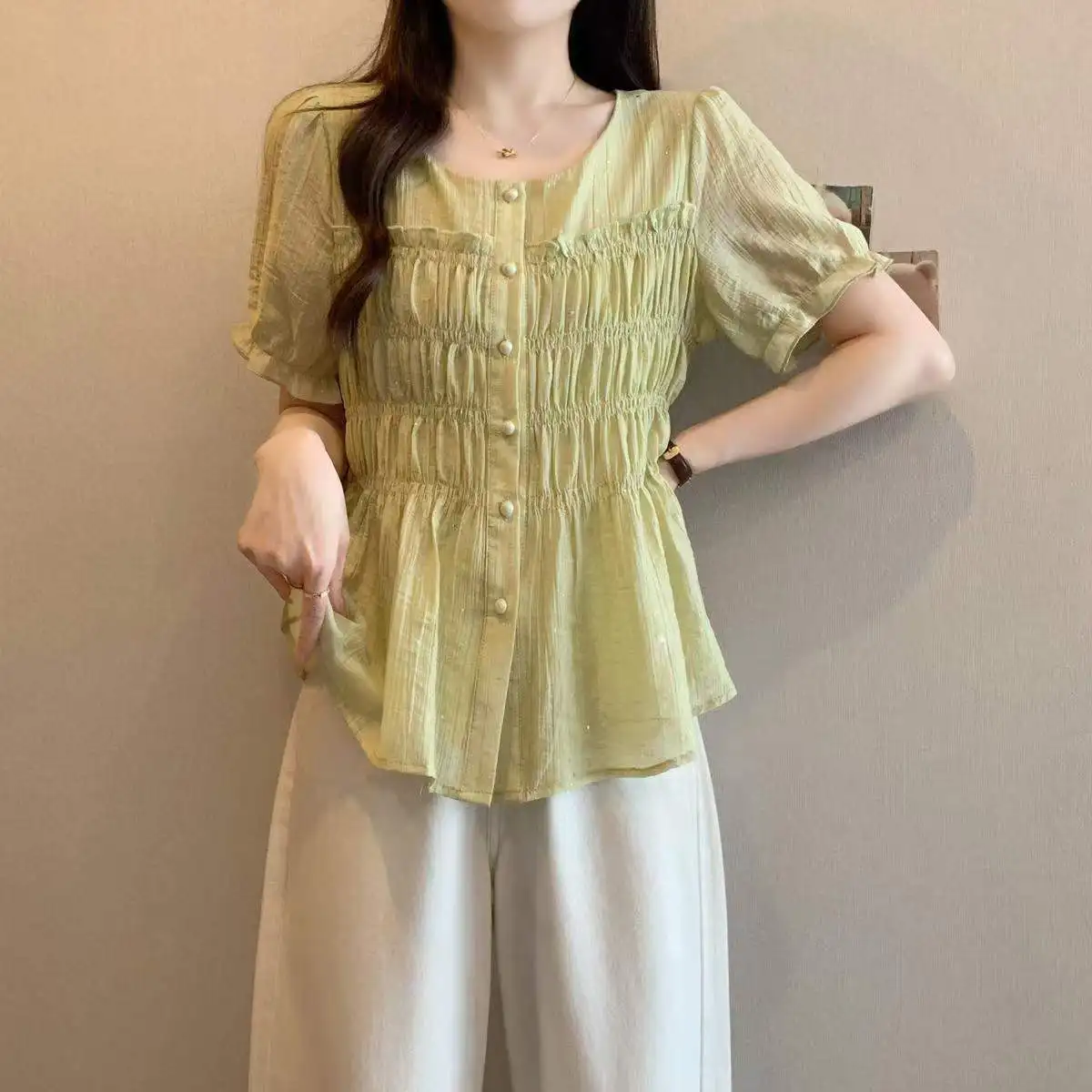 

Gentle French Style Square Collar Blouse Female Clothing Solid Color Basic Summer Elegant Puff Sleeve Fashionable Folds Shirts