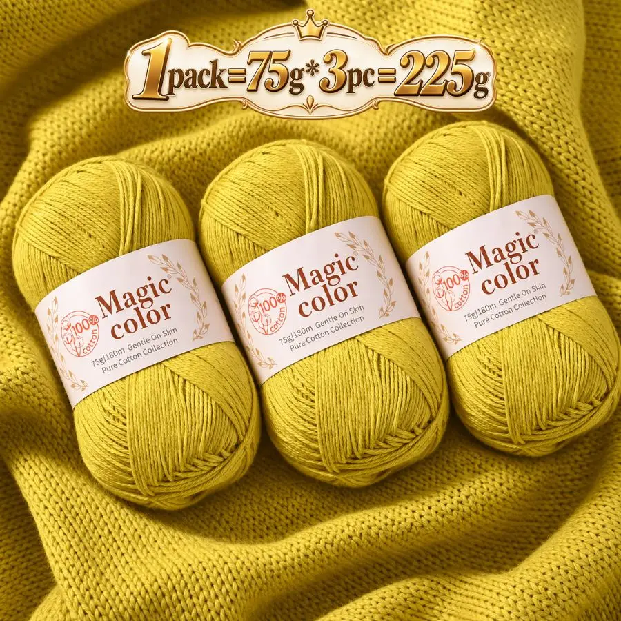 4-Ply 100% Cotton Yarn 3 Balls 225g Total Soft Crochet Knitting Yarn for DIY Baby Clothes Amigurumi Flowers and Crafts