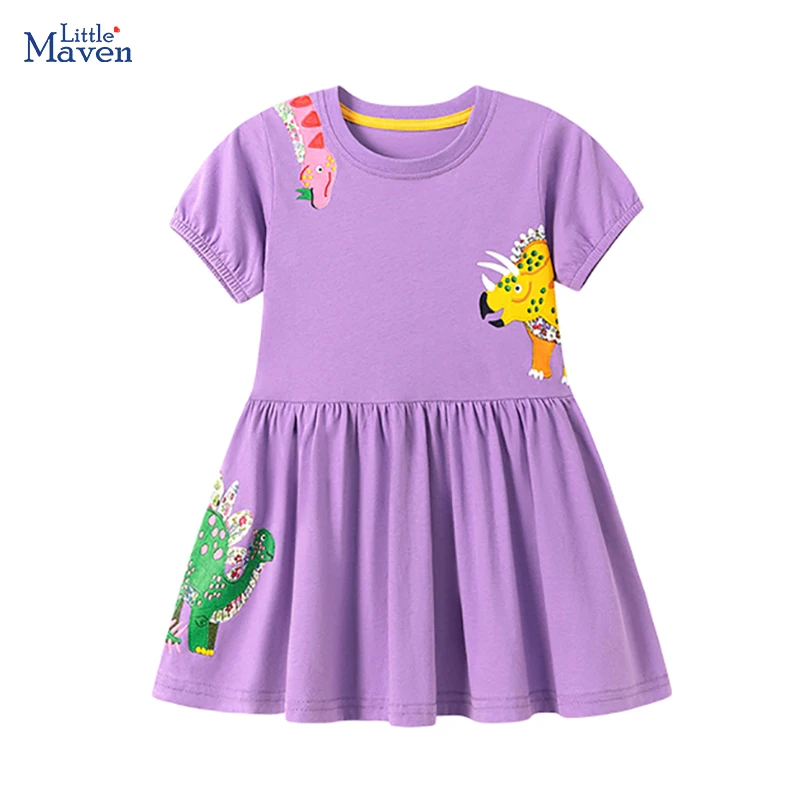 

Little maven Children's Clothing 2026 Summer New Kids Clothes Cartoon Dinosaur Party Purple Dresses Cotton Casual Vestidos Gifts