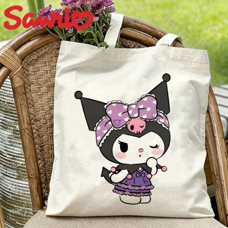 

1PC Kuromi Winking with Purple Heart Bow Canvas Tote Eco-friendly Reusable Shoulder Bag