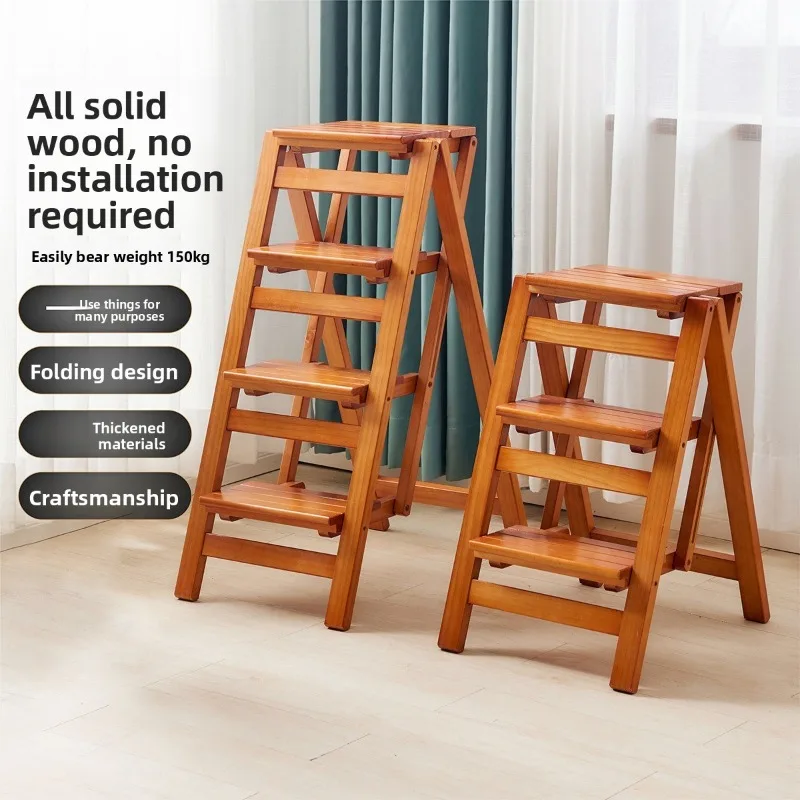 Solid Wood Multifunction Folding Ladder Thickened Three Step Stool Indoor High Reach Rack Ladder for Home Kitchen Furniture