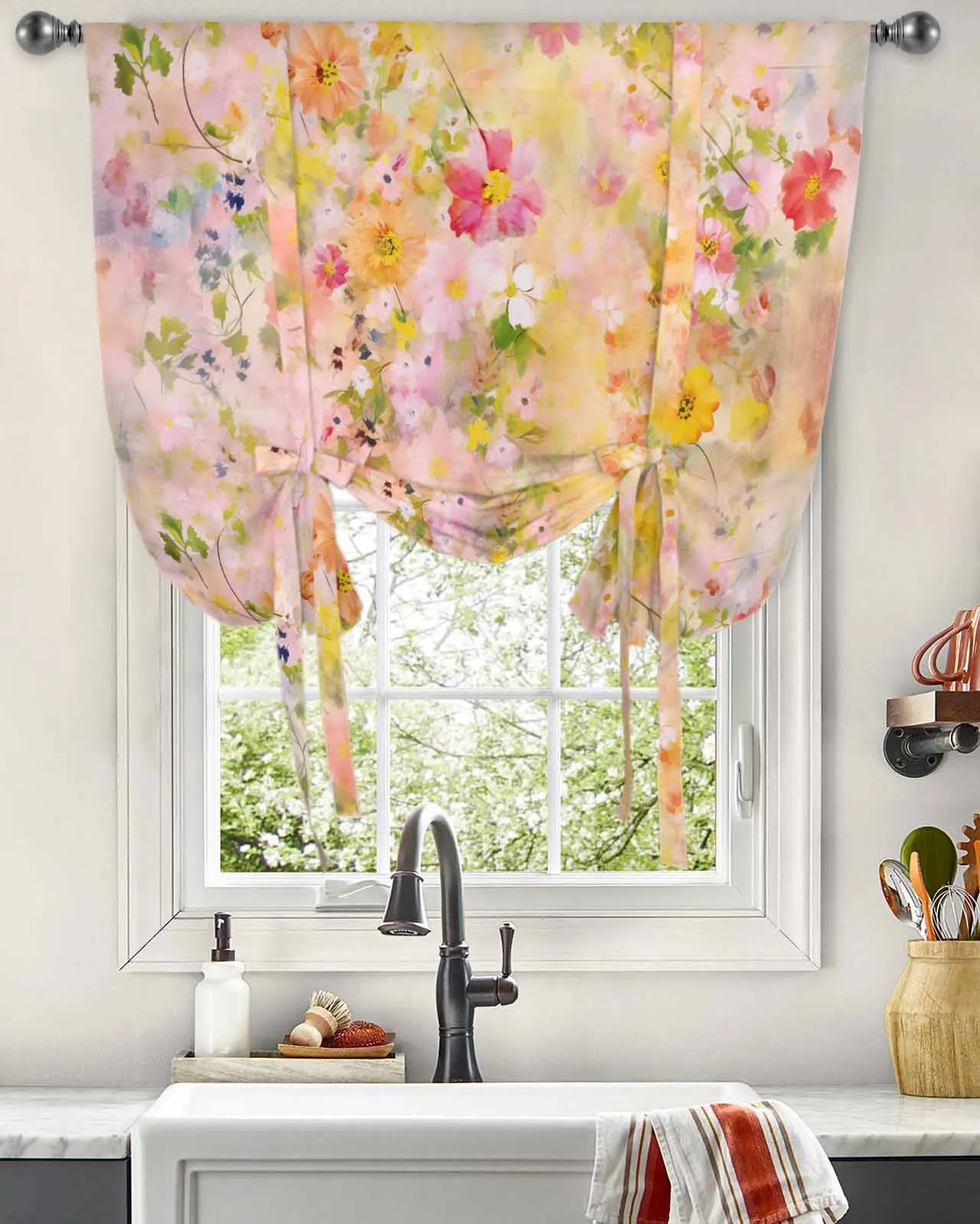 

Spring Flowers Oil Painting Abstract Window Curtains Tie Up Curtains for Kitchen Living Room Adjustable Rod Pocket Valances