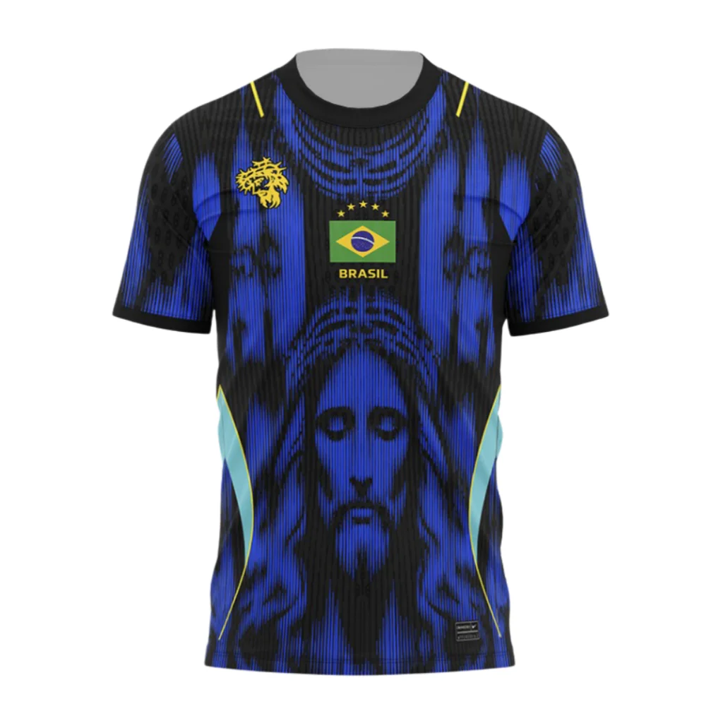 Nouveau T-shirt de football du Brésil pour hommes, maillot rayé bleu et noir, imprimé visage de Jésus 10, manches courtes, tee-shirt oversize rétro, vêtements pour hommes