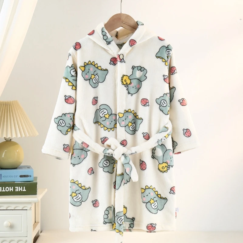 Autumn Winter Kids Cute Cartoon Hooded Soft Flannel Bathrobe Baby Bath Robes Boys Girls Casual Warm Pajamas Loose Towel Robe