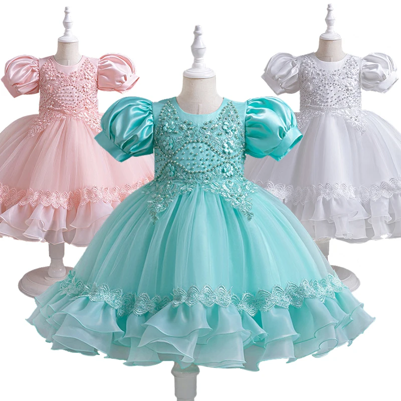 

Luxury Embroidered Flower Beading Formal Dress for Girls Kids Ruffle Style Christening Birthday Party Communion Elegant Dresses