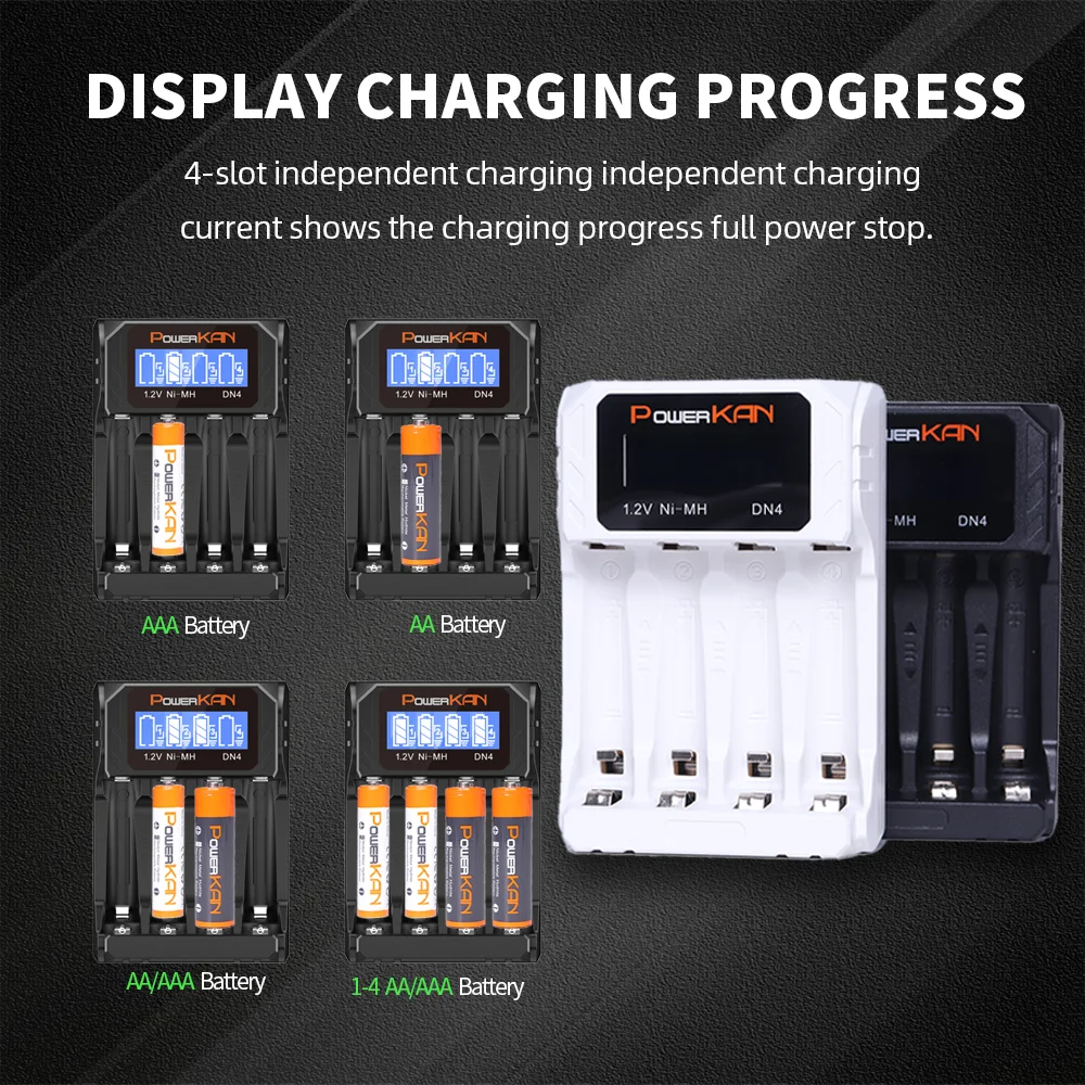 POWERKAN 4-slotová LCD USB-C univerzální vstupní nabíječka baterií pro AA AAA baterie s nezávislými nabíjecími sloty - náhled 6