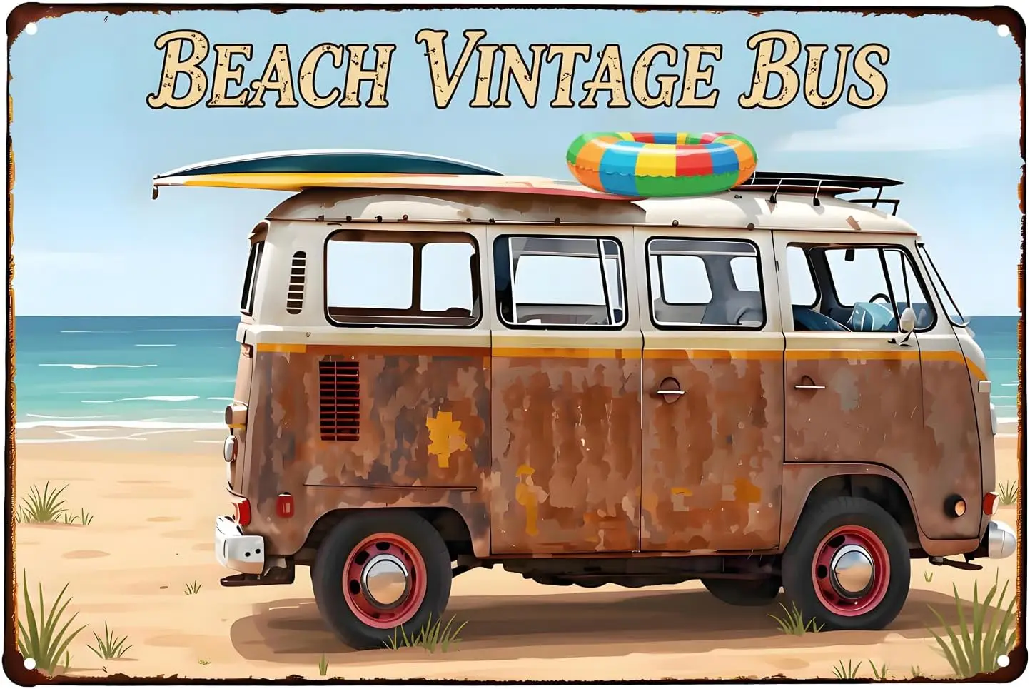 SUMIK Beach Vintage Bus Rustic Metal Tin Sign Retro Plaque Wall Art for Garage Home Decor--Tin Sign
