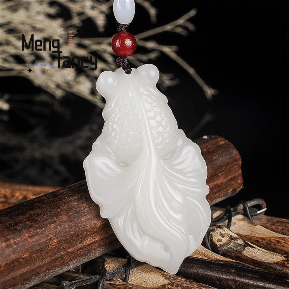 Natural Hetian Colourful Jade Floating Flower Goldfish Koi Pendant Exquisite Fashion Jewelry Best Selling Handicraft Holiday Gif