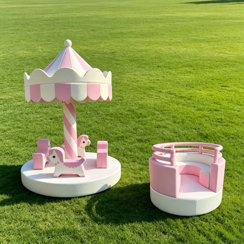 Pink Soft Play Carousel Merry-Go-Round Kids Animal Spin Ride Indoor Playground Equipment for Party Rental Event Mall Daycare