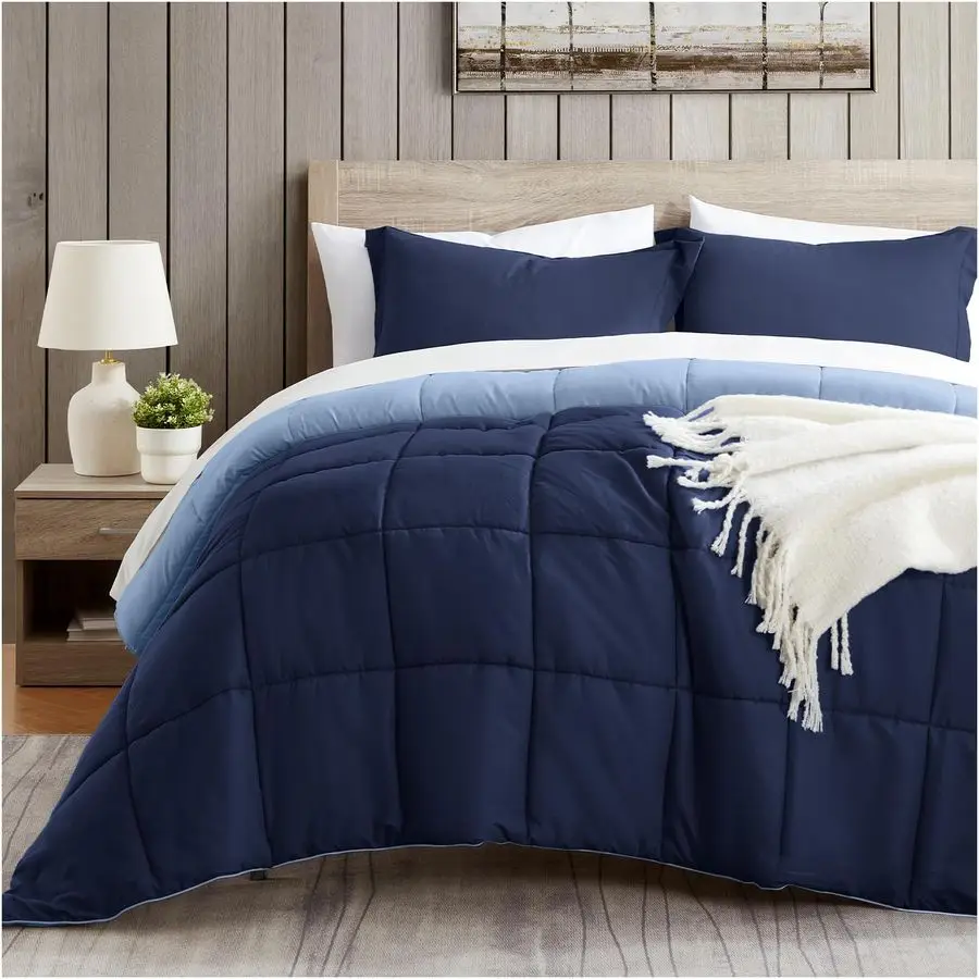 

Queen Comforter Set, Navy Blue Bedding Comforters Queen Size, 3 Pieces Down Alternative Bed Comforter Lightweight, Soft Quilted