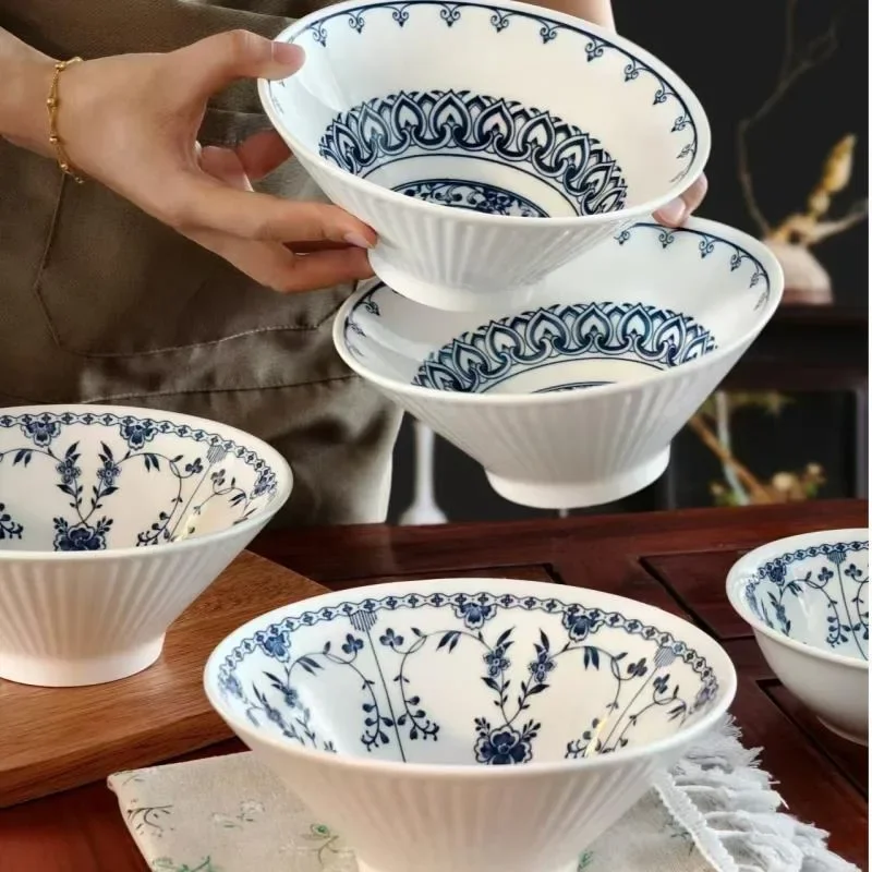 7 Inch Vintage Blue & White Huaxi Hat Shaped Ceramic Bowl Underglaze Glaze Set of 4 Household Commercial Tableware