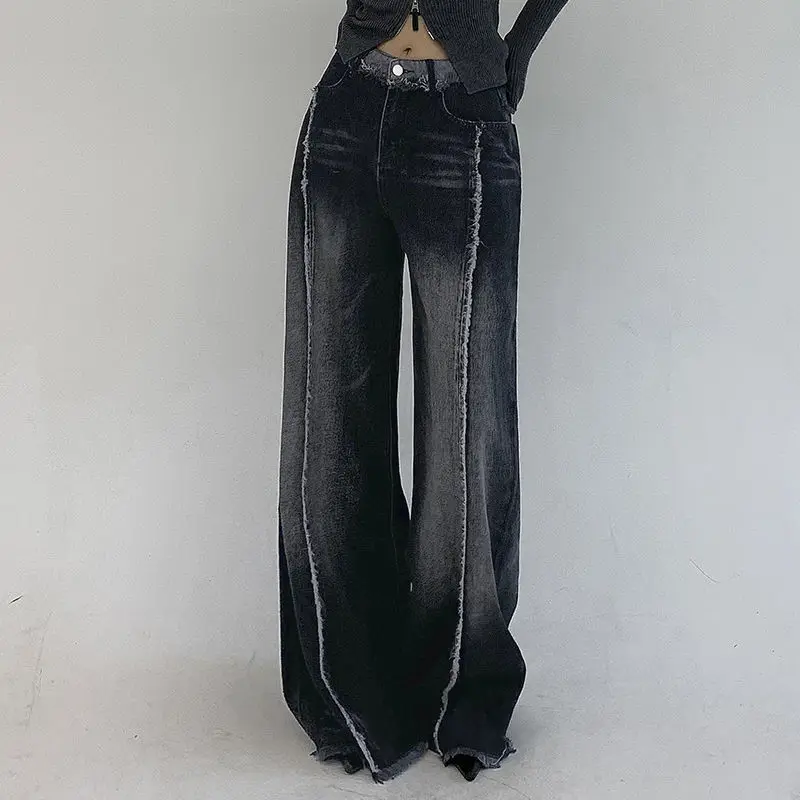 Jeans Gradient Hairy Cuffed Waistband Women'S American Loose Fit Covering Muscles Slimming Floor-Length Wide Leg Pants