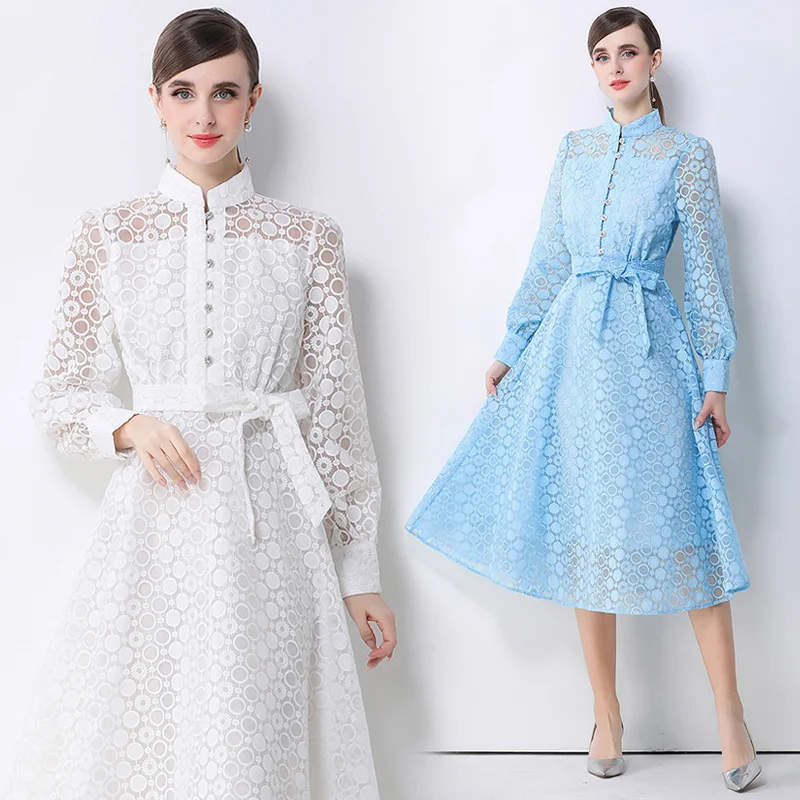 

French High-End Lace Dress Luxury Embroidery Bead Buttons Vintage Belt Elegant Spring 2026 Runway Style for Women