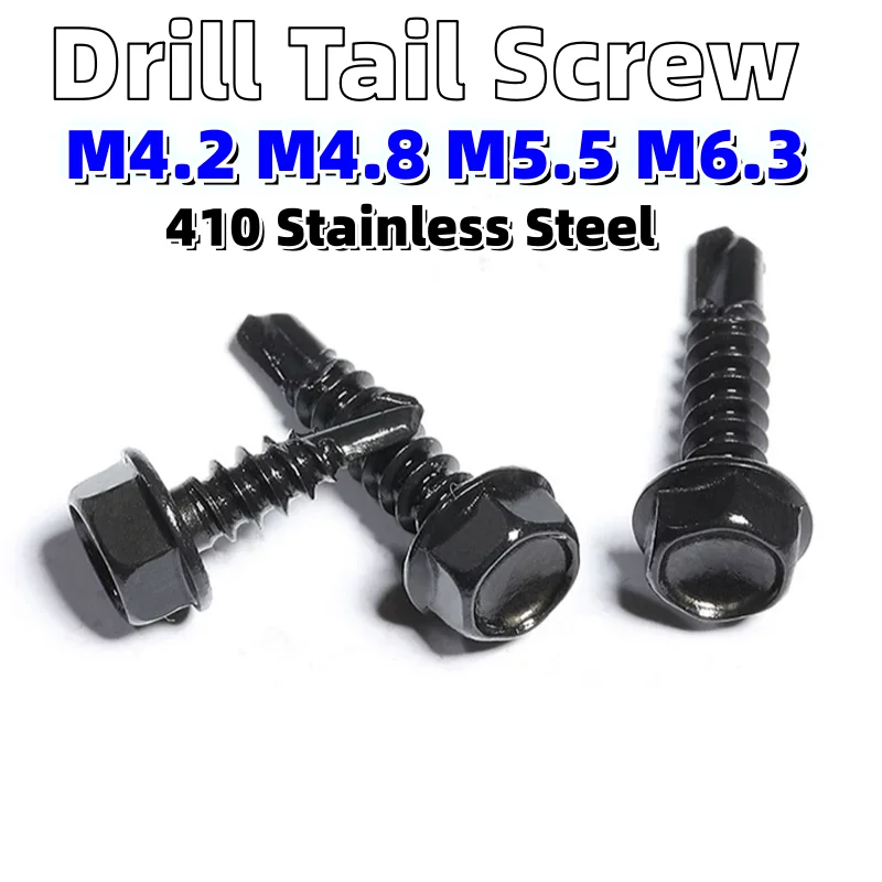 M4.2 M4.8 M5.5 M6.3 Black 410 Stainless Steel Outer Hex Washer Head Self Drilling Screw Sheet Metal Screw Drill Tail Screws