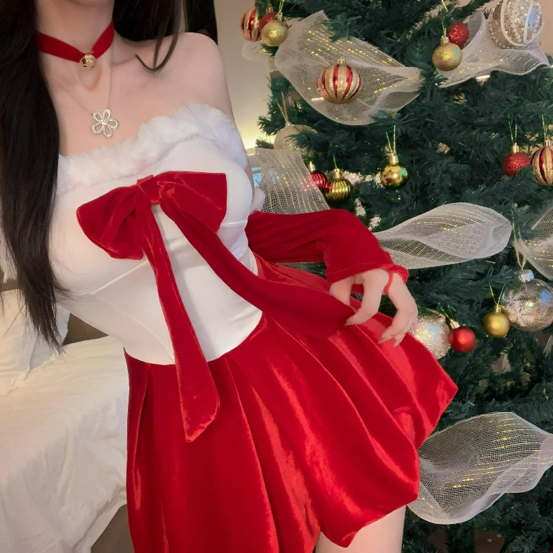 Nowa kolekcja Jesień/Zima 2026: Dopasowana sukienka bez ramiączek w stylu księżniczki, zestaw z króliczkiem świątecznym, seksowna sukienka z wkładkami na biust dla kobiet.