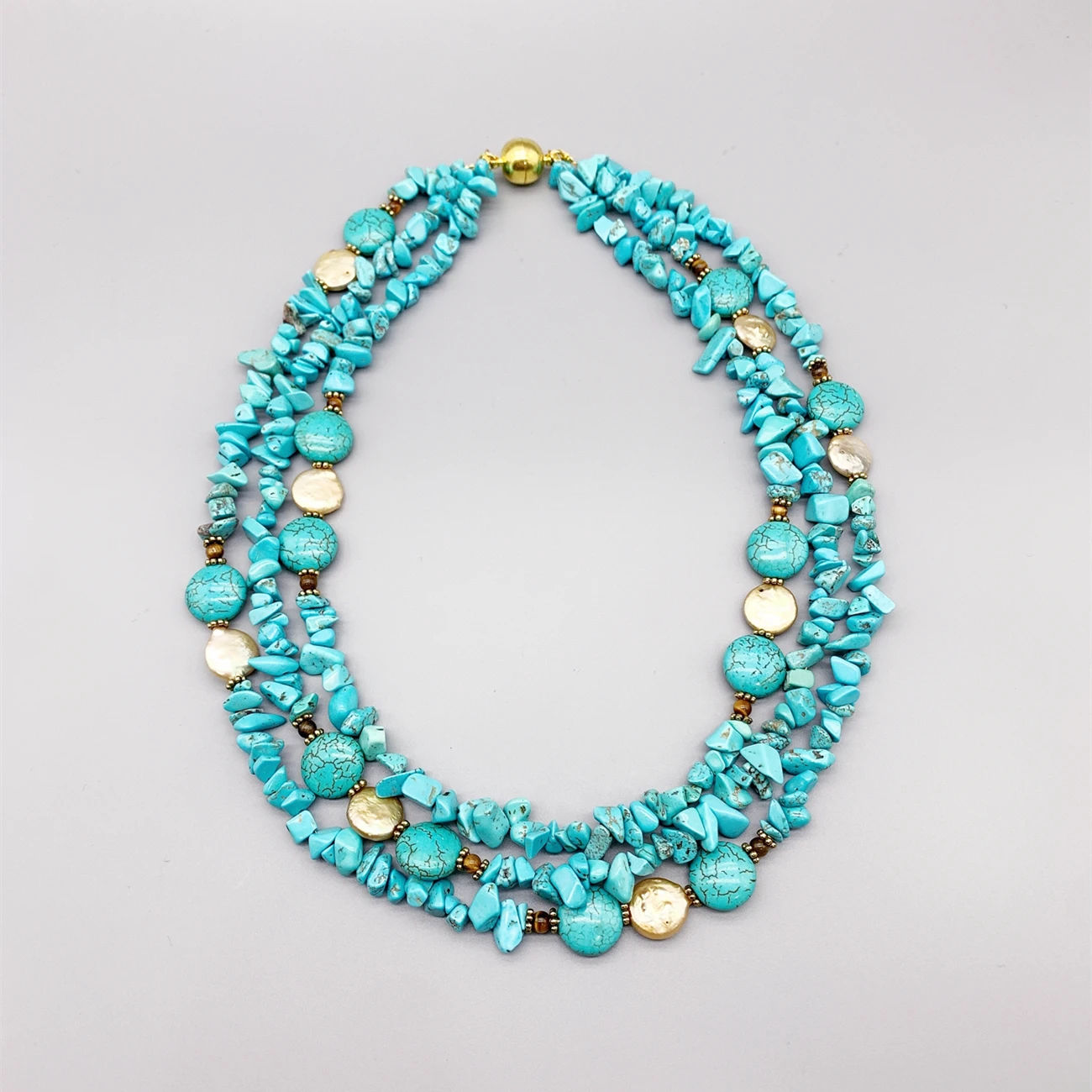 

FoLisaUnique Multi Strands Turquoise Necklace For Women Gold Beads 11-12mm Champagne Color Coin Pearl 4mm Tigers Eye