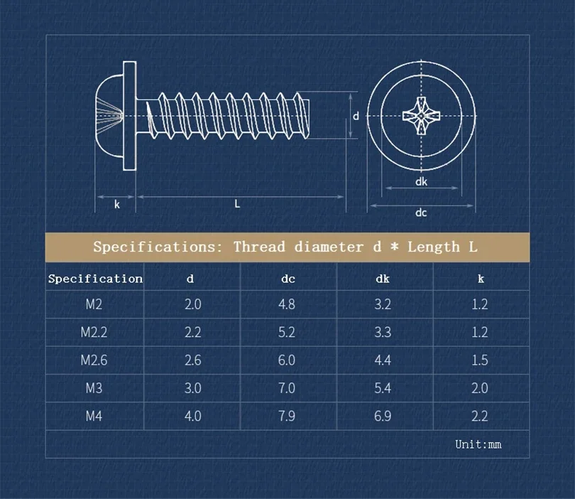 30~100pcs M1.7 M2 M2.2 M2.6 M3 M3.5 M4 PWB Phillips Round Head Flat Tail Self- tapping Screw With Washer Length 3mm~20mm