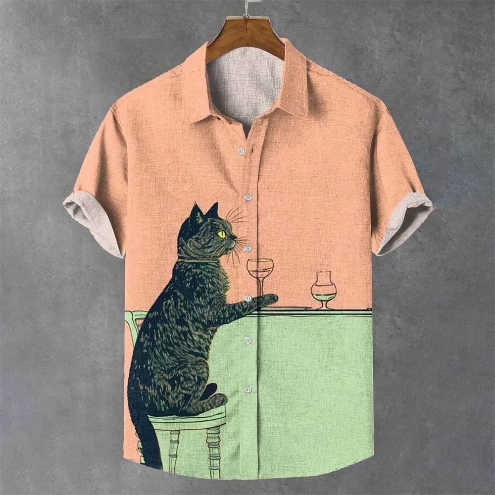 Men's short-sleeved shirt Hawaiian casual comfortable men's lapel top cat print bamboo linen large size men's shirt summer 5XL