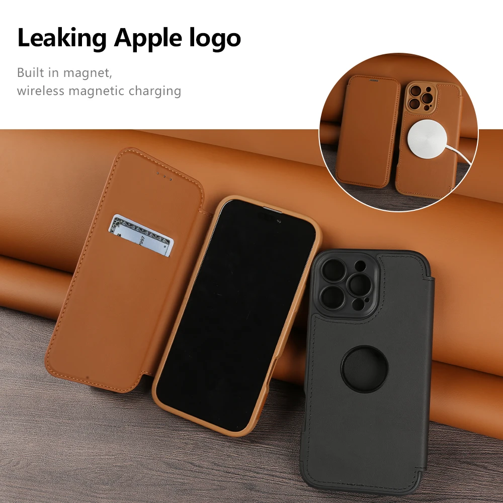 

Magnetic Hollow Logo Leather Case For iPhone 16 15 14 Plus 13 12 Pro Max 11 Card Slot Magsafe Wireless Charge Glass Lens Cover