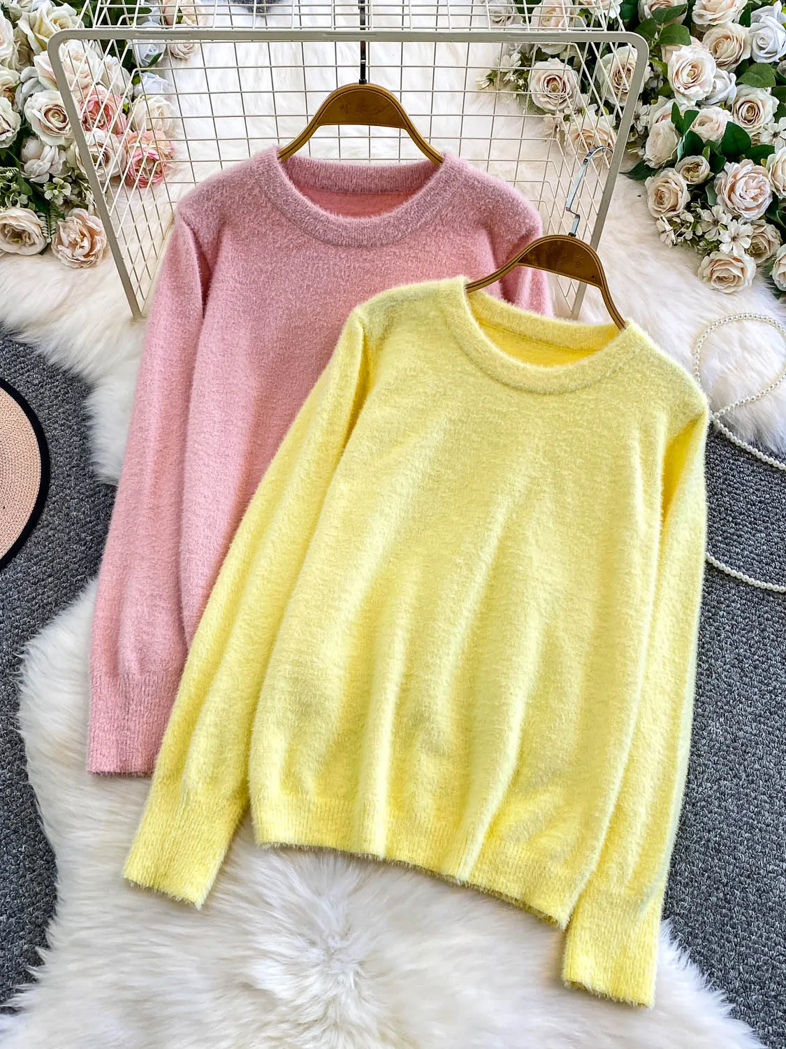 

Soft Cozy Pink Plu Knitted Sweater Loose Fit Women's Base Layer irt Casual Sle Winter New Arrival Slimming Effect