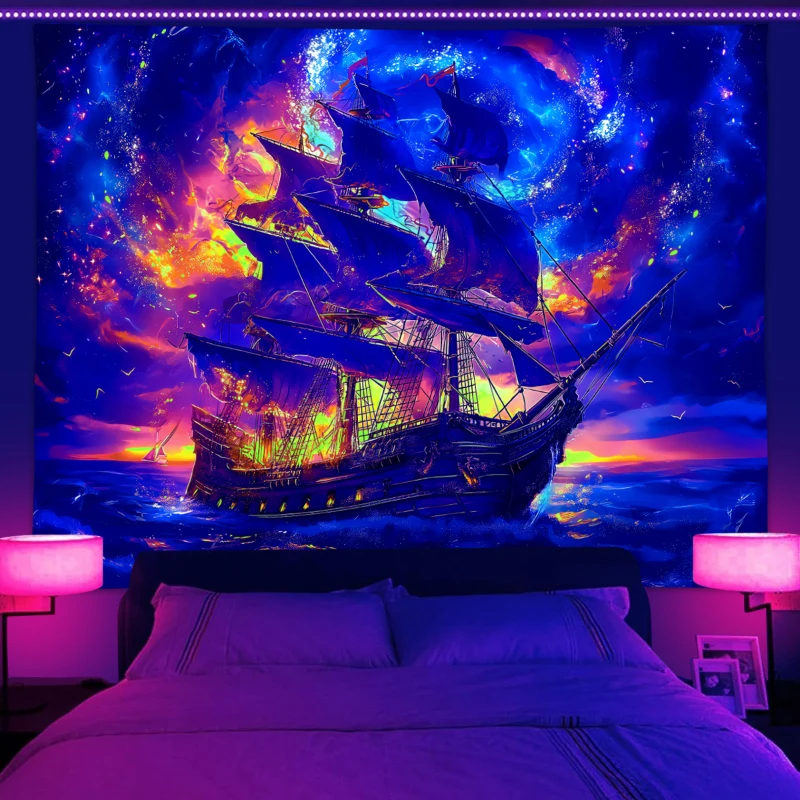 1PC vintage pirate sailboat tapestry, UV responsive black light tapestry, starry sky ocean landscape tapestry